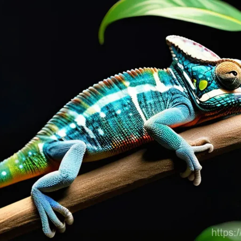 파충류 영양제 종류 - **A vibrant, healthy chameleon perching on a branch in a lush, sun-drenched terrarium.** The chamele...