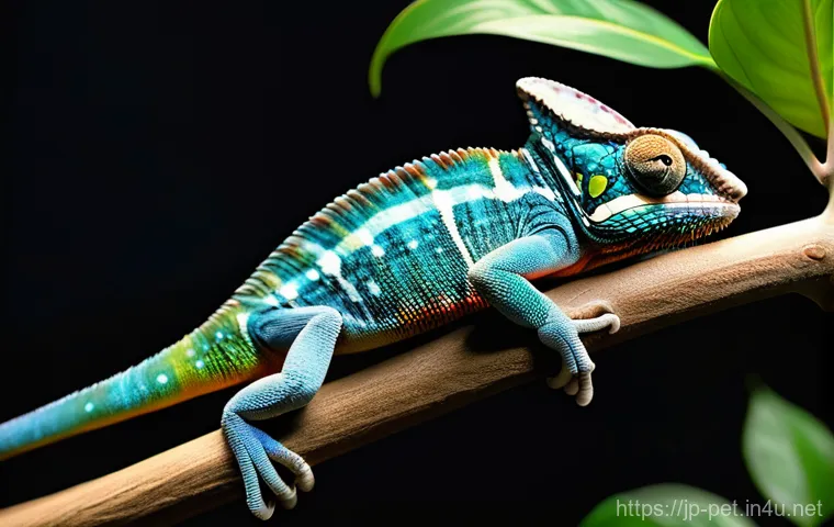 파충류 영양제 종류 - **A vibrant, healthy chameleon perching on a branch in a lush, sun-drenched terrarium.** The chamele...