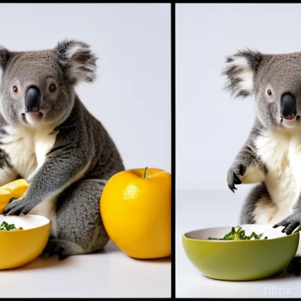 코알라 먹이 섭취량 - Here are three image prompts in English, detailing various aspects of koalas and their diet, while a...