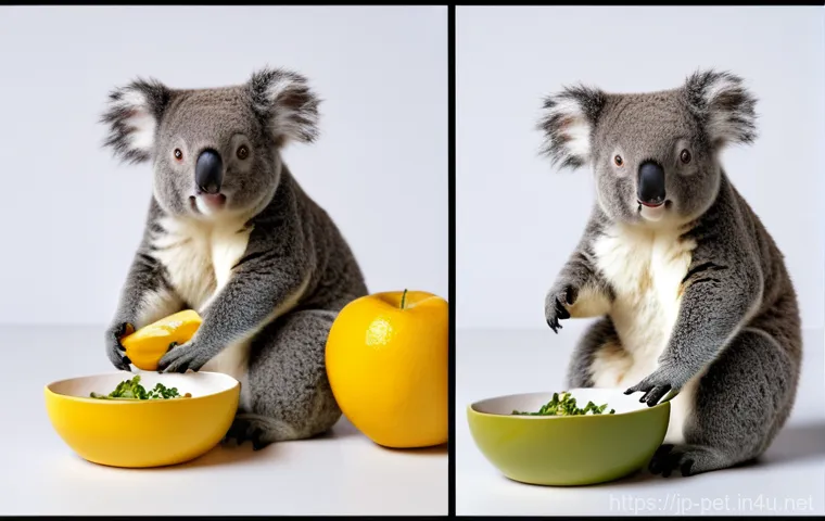 코알라 먹이 섭취량 - Here are three image prompts in English, detailing various aspects of koalas and their diet, while a...