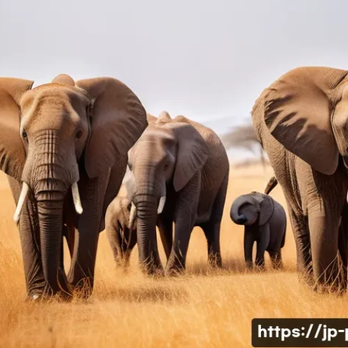아프리카 코끼리 이동 습성 - **Prompt:** "A majestic herd of African elephants on a purposeful journey across a vast, golden sava...
