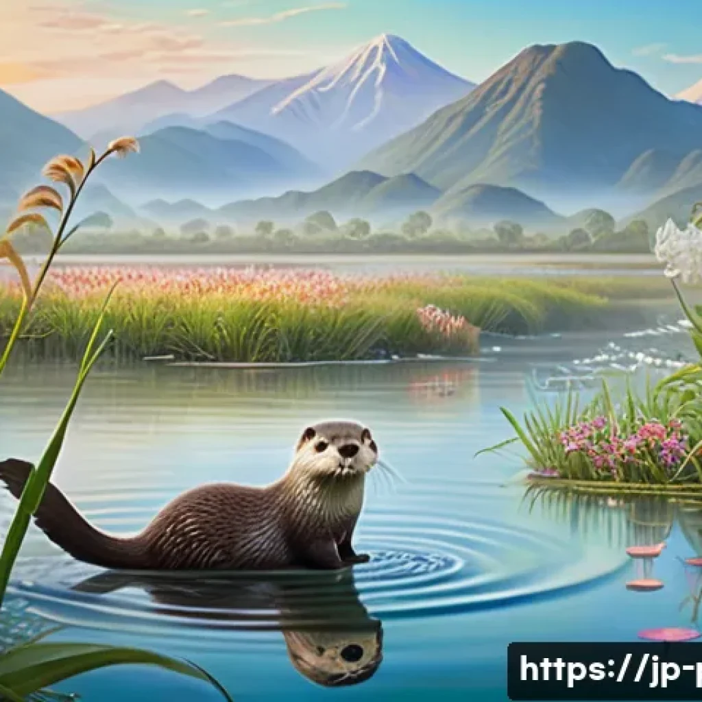 수달 습지 보호 활동 - A serene Japanese wetland scene during early morning mist, featuring a lively otter wearing a small,...