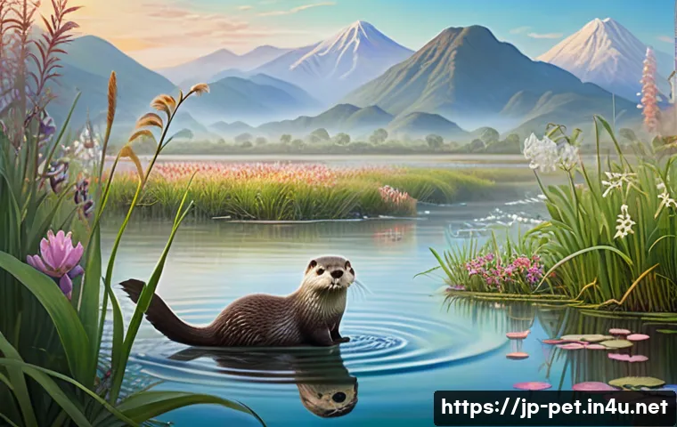 수달 습지 보호 활동 - A serene Japanese wetland scene during early morning mist, featuring a lively otter wearing a small,...