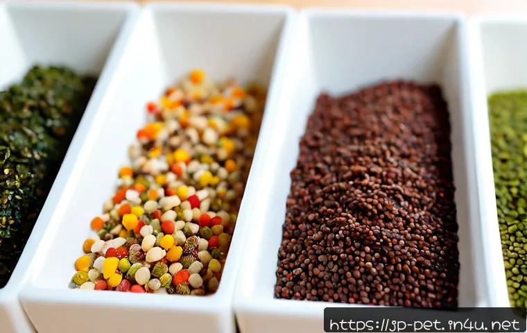 물고기 먹이 종류 - Photorealistic close-up of assorted fish food types arranged in neat separate portions on a clean wh...